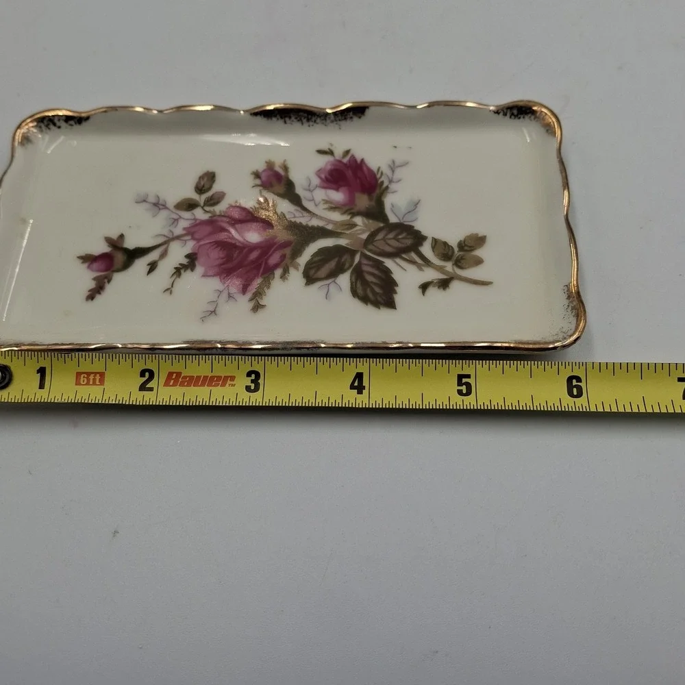 Vtg Porcelain Trinket Tray Pink Rose Gold Trim Scalloped Edge Ring Dish Japan